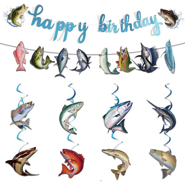 Huyfoig Gone Fishing Happy Birthday Decorations Banner Hanging Banner Swirls for Fish Lovers Assorted Fish Cutouts Fishing Party Supplies