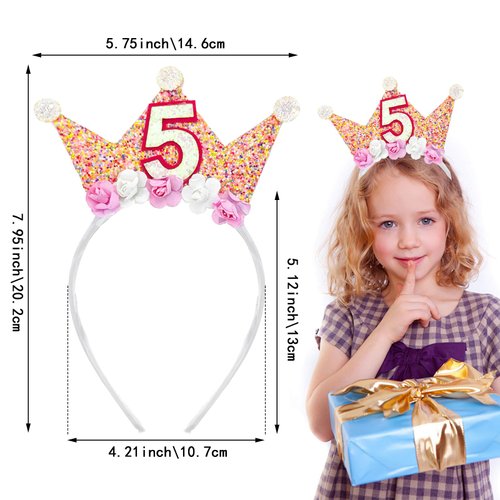 Capiant 5th Birthday Decorations for Women, Birthday Crown Headbands, 5-Year-Old Happy Birthday Decorations Flower Princess Tiara Hair Accessory, Women 5th Birthday Gift Party Decorations Supplies