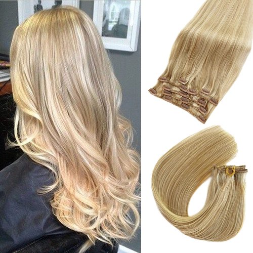 Blonde Clip in Hair Extensions Real Human Hair for Women 12 Inch 70g 7pcs Seamless Clip in Hair Extensions Human Hair Thick Straight Bleach Blonde Highlighted Beige Blonde Hair Extensions Clip ins