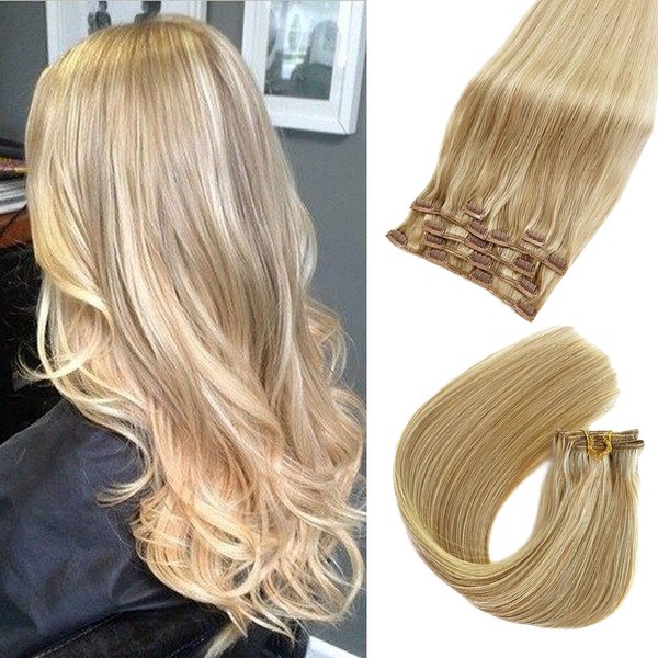 Blonde Clip in Hair Extensions Real Human Hair for Women 12 Inch 70g 7pcs Seamless Clip in Hair Extensions Human Hair Thick Straight Bleach Blonde Highlighted Beige Blonde Hair Extensions Clip ins