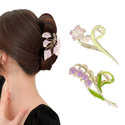 Yonchic 3-Piece Flower Metal Hair Clips, Purple Leaves Shape Hair Claw for Thin/Medium Thick Hair, Elegant Lily Floral Hair Barrettes Strong Hold Hair Clamps Non-Slip Cute Hair Clip Accessories