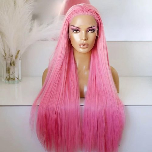 COCOFANS Pink Lace Front Wigs for Women Girls Long Silky Straight Synthetic Lace Wig Glueless Natural Hairline Wig Middle Part Heat Resitant Fiber Hair