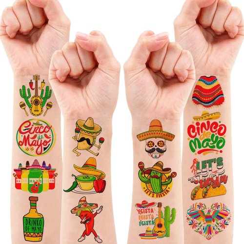 Generic 96 PCS Mexican Tattoos Temporary Theme Cinco De Mayo Fiesta Taco Birthday Party Decorations Favors Supplies Decor Sombrero Maracas Tattoo Stickers for Kids Adults Prizes Carnival