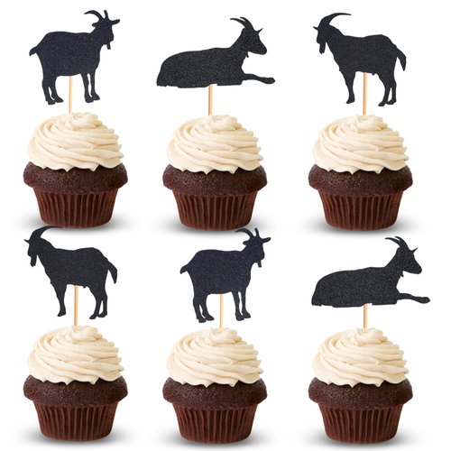 Arthsdite 24Pcs Goat Cupcake Toppers Sheep Cupcake Picks Animal Goat Cake Decorations for Baby Shower Kids Birthday Theme Party Supplies - Black Glitter