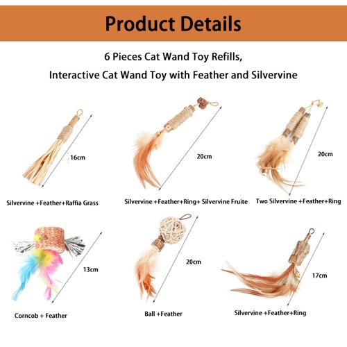 AiduduPet Cat Feather Toys Refills Cat Wand Replacement 6Pcs,Cat Teaser Wand Refills with Feather and Silvervine Sticks for Indoor Cat Chew Toy,Interactive Cat Wand Toy Refills