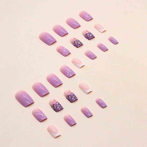 Foccna French Press on Nails Purple Fake Nails Sequins Glitter Acrylic Butterfly Artificail Long, Purple Full Cover Fake Nails with Design Nail Tips for Women,24PCS