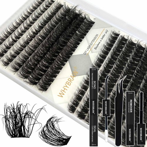 Lash Clusters Fluffy WHYBRAW 100D 200D DIY Lash Extension Kit with Lash Bond Lash Seal Lash Remover Lash Applicator 280 Pcs Volume Cluster Eyelash Extension Thick Eyelash Extension 12-18mm