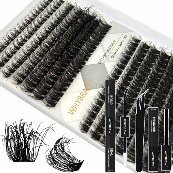 Lash Clusters Fluffy WHYBRAW 100D 200D DIY Lash Extension Kit with Lash Bond Lash Seal Lash Remover Lash Applicator 280 Pcs Volume Cluster Eyelash Extension Thick Eyelash Extension 12-18mm