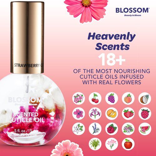 Blossom Hydrating, Moisturizing, Strengthening, Scented Cuticle Oil, Infused with Real Flowers, Made in USA, 0.42 fl. oz, Strawberry
