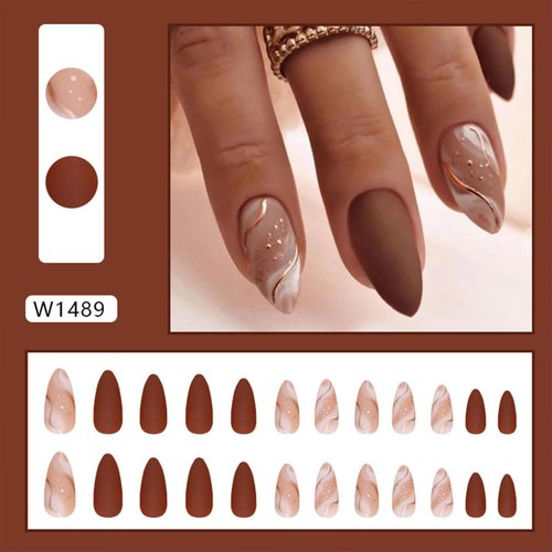 Tyuimhx Medium Press on Nails Almond Fake Nails With Gold Line Designs Brown Matte False Nails Full Cover Stick on Nails Reusable Artificial Nails Glue on Nails for Women Girls Nails Decorations 24Pcs