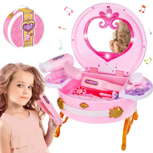 Portable Princess Vanity with Real Mirror, Toddler Makeup Vanity & Styling Tools, Lights and Sounds, Girls Toys Gifts for 3-12 Year Old Kids Birthday Gift