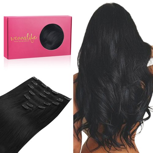 WENNALIFE Clip in Hair Extensions Real Human Hair, 20 Inch 120g 7pcs Human Hair Extensions Clip In Human Hair, Jet Black Hair Extensions Clip In Real Hair Coloured Remy Human Hair Extensions