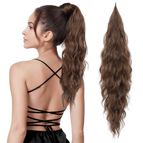 FLUFYMOOZ Ponytail Extension, Flexible Wrap Around Ponytail Extension Long Wavy Curly Ponytail Hair Extensions Natural pony tail Synthetic Hairpiece for Women 26 Inch (Medium Chocolate Brown)