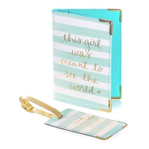 Eccolo Travel Passport Cover Holder And Luggage Tag Set, Card And Passport Holder for Women, Gift Boxed, “This Girl Was Meant To See The World” (Mint, 5.5x4 inches)