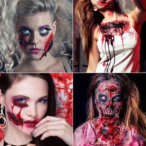 CCbeauty 7Pcs Halloween SFX Special Effects Makeup Kit - 2oz Modeling Scar Wax +6 Colors Bruise Wheel + 2.3oz Stage Blood + 1oz Coagulated Blood with Spatula + Stipple Sponge,Deep Skin