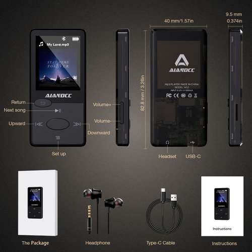 Mp3 Player with Bluetooth 5.3 HiFi Sound, Mp3 Player with FM Radio, Mini Music Player 32G for Kids Adults, Earphones Included, TF Card can be Inserted