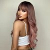 Qihang Pink Wig with Bangs Long Wavy Pink Wigs for Women Ombre Pink Curly Wavy Synthetic Wigs with Dark Roots for White Women Girls Daily Party Replacement 26 inch
