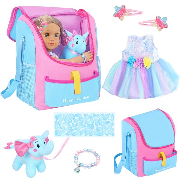 UNICORN ELEMENT 18 Inch Girl Doll Accessories with Doll Carrier Bag + Dress + 2 Hairpins + Blue Sticker + Bracelets + Toy Elephant, Baby Doll Clothes and Accessories for 18 Inch Doll (No Doll)