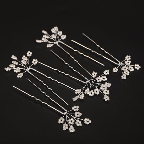 BERYUAN Dainty Pearls Flower Hair Pins Silver Gold Pearls Beads Wedding Headpiece Handmade Bridal Pearls Flower Hair Clips Pins Wedding Hair Accessories for Women(5PCS) (silver)