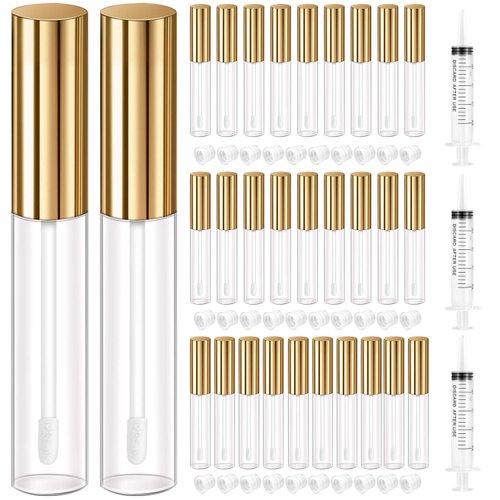KPX 30 Pcs lip Gloss Tube Containers Bulk Wand 10ml Empty Clear Pink Lip Oil Tubes Refillable Lip Balm Bottles with Rubber Insert for DIY Makeup Such as Lip Samples, Homemade Lip Balm (Golden)