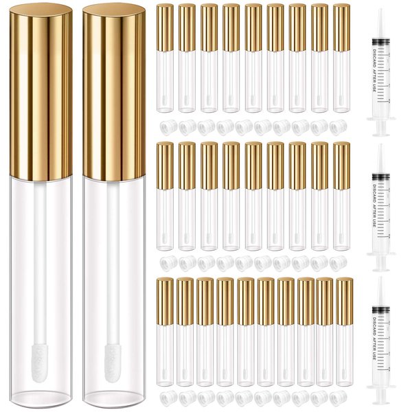 KPX 30 Pcs lip Gloss Tube Containers Bulk Wand 10ml Empty Clear Pink Lip Oil Tubes Refillable Lip Balm Bottles with Rubber Insert for DIY Makeup Such as Lip Samples, Homemade Lip Balm (Golden)