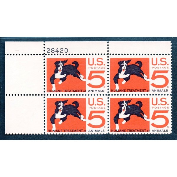 1966 5 Cent ASPCA Number Block of Four Stamps Scott 1307
