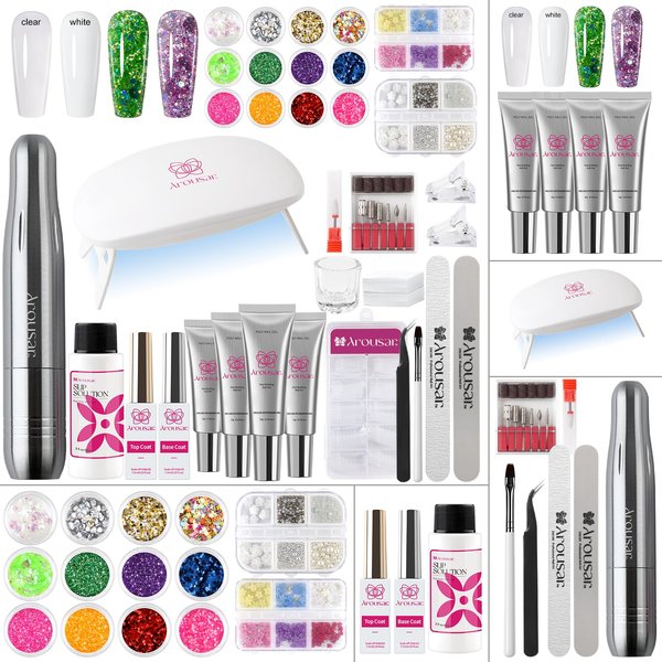 Arousar Poly Nail Gel Kit, 15ml*4pcs Nail Extension Gel, Clear White Builder Nail Gel with Top and Base Coat, Slip Solution, Nail Lamp&Drill, DIY Salon at Home for Beginner and Professional