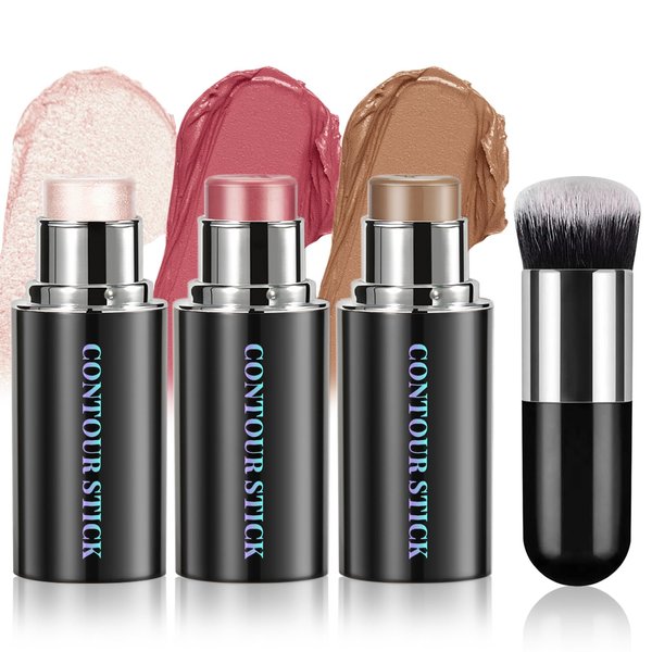 HOSAILY Face Contour Stick Set, Highlighter Stick & Bronzer Stick & Cream Blush Stick for Cheek Lip Tint, Long Lasting Blendable Lightweight Smooth Sculpted Face Stick Natural Dewy Makeup for All Skin