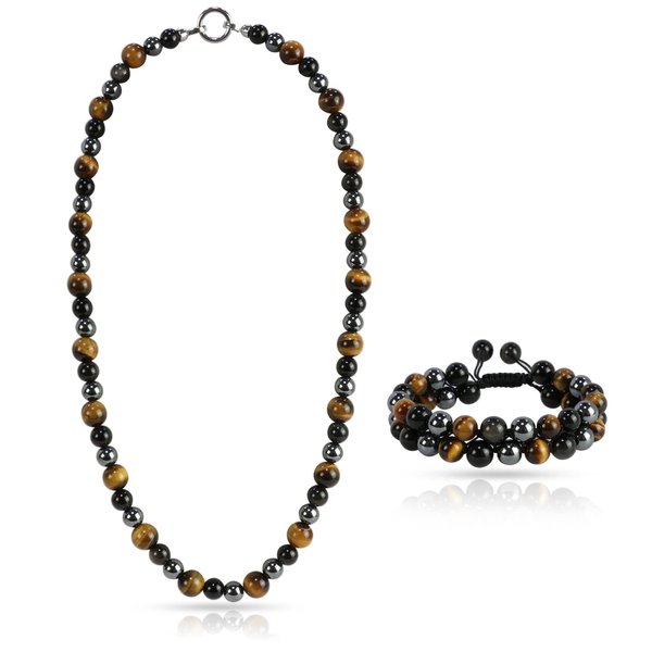 Men Tiger Eye Beaded Necklace Bracelet Triple Protection Jewelry Sets Hematite Black Obsidian Healing Crystal Stone Chakra Necklace