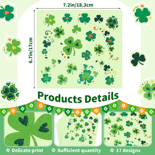 340 Pcs Shamrock Glitter Body Jewelry Stickers St. Patrick's Day Accessories Glitter Face Stickers Glittered Three Leaf Body Clover Stickers for Women Parade Party Favors Decoration
