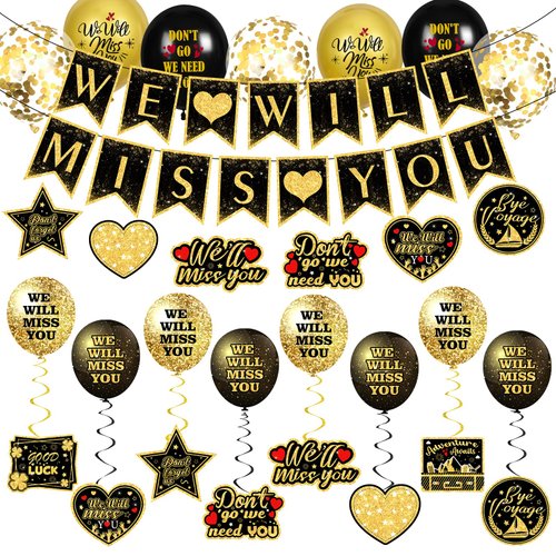 Farewell Party Decorations Supplies 30Pcs Black Gold We Will Miss You Banner Balloons Good Luck Hanging Swirls Cards for Retirement Farewell Going Away Graduation Job Change Goodbye Party