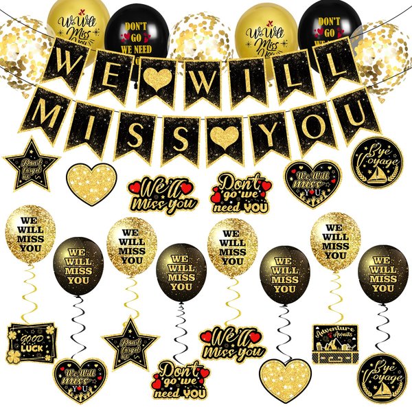 Farewell Party Decorations Supplies 30Pcs Black Gold We Will Miss You Banner Balloons Good Luck Hanging Swirls Cards for Retirement Farewell Going Away Graduation Job Change Goodbye Party