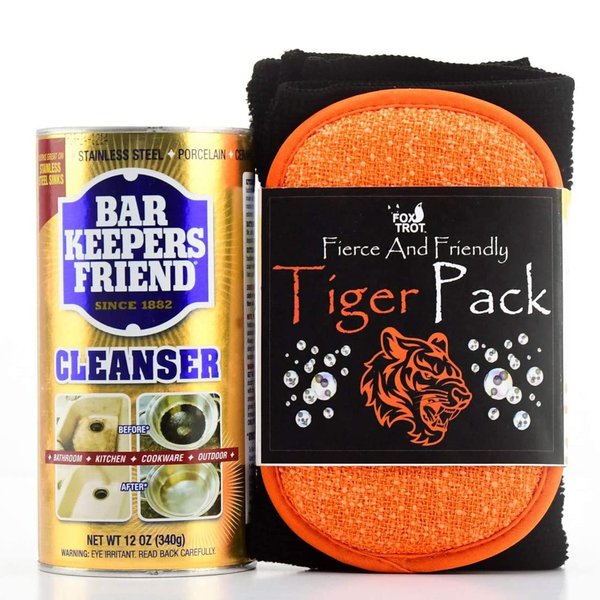Fox Trot Bar Keepers Friend Powder Cleanser, 12oz Multipurpose Barkeepers Friend Cleaners, Stainless Steel Cleaner Tiger Pack, Black Pro-Grade Microfiber Towel & Dual-Sided Sponge, Bartenders Friend