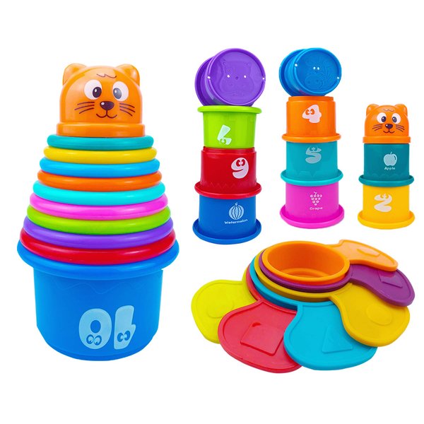 Ella Dream 17 PCs Multicolor Nesting and Stacking Cups Set, Baby Bathtub Toys, Early Learning Educational Toys for Infants, Toddlers, Stacking Cups with The Numbers, Shapes, Fruits, Animals Patten