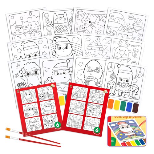 VKPI Water Coloring Activity Books, Christmas Watercolor Paint Books for Kids, 12 Mess Free Drawing Sheets, with 2 Painting Brushes, Xmas Holiday Gifts for Children Ages 3, 4, 5, 6, 7, 8