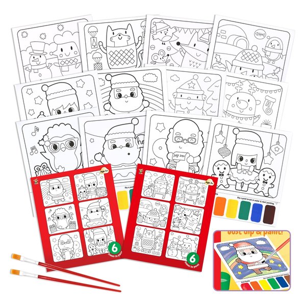 VKPI Water Coloring Activity Books, Christmas Watercolor Paint Books for Kids, 12 Mess Free Drawing Sheets, with 2 Painting Brushes, Xmas Holiday Gifts for Children Ages 3, 4, 5, 6, 7, 8