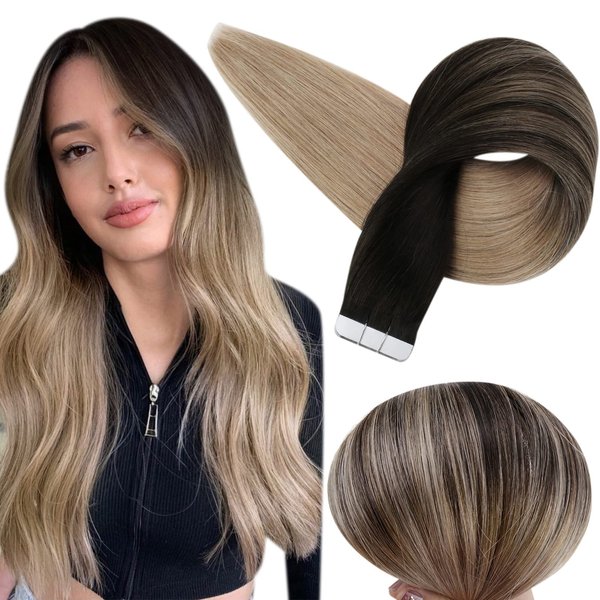 Full Shine Black Ombre Tape in Hair Extensions Human Hair 50 Gram Skin Weft Tape Hair Extensions Human Hair 18 Inch Black To Blonde Tape in Hair Extensions 1B/18 Balayage Seamless Tape Hair 20 Pcs