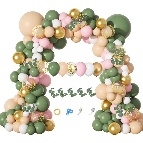 Amandir 166Pcs Sage Green Balloon Garland Arch Kit Olive Green Blush Peach White Gold Balloons Artificial Eucalyptus Stems Jungle Safari Baby Shower Birthday Party Baptism Decorations for Boys Girls