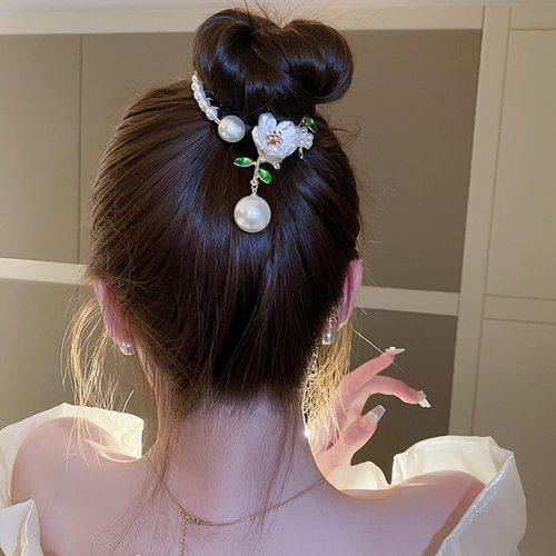 Wiwpar Flower Pearl Tassel Head Ponytail Buckle Hair Claw Clip Pearl Hair Claw Clip Bun Holder Hair Ponytail Hair Barrettes Accessories for Women Girls (Style2)