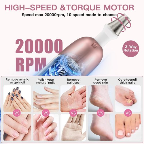 Electric Nail File Set, 9 in 1 Professional Manicure and Pedicure Kit, Cordless Nail Drill for Feet, LCD Display 10 Speeds Electric Nail Drill Machine, Hand Foot Care Tool for Nail Grind Trim Polish