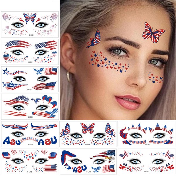 Face Temporary Tattoos Sticker 10 Sheets 4th of July Flag Butterfly Tattoos Face Eyes Stickers Decorations Fit for Women Girls Patriotic Makeup Festival Party,2024 Style