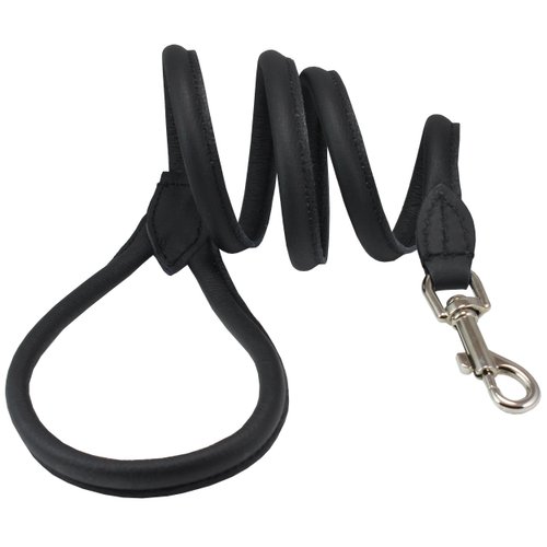 Dogs My Love 4ft Long Round Genuine Rolled Leather Dog Leash Black (Small: 3/8")
