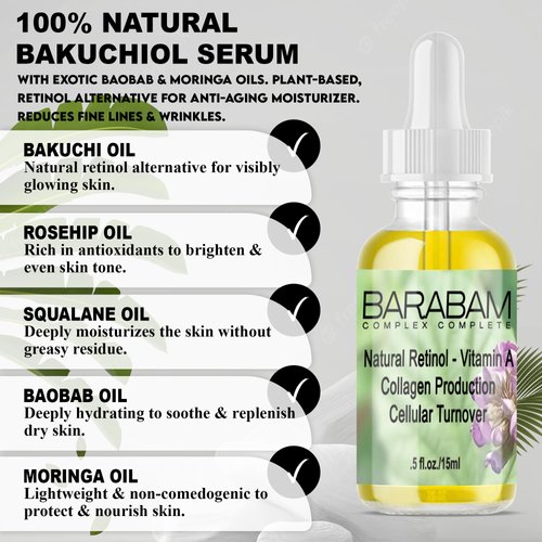 100% Natural, Organic Bakuchiol Face Serum with Squalane, Baobab & Moringa Oil. Plant-based, Retinol Alternative for Anti-aging Moisturizer. Reduces Wrinkles. Pregnancy Safe. Great for Sensitive Skin.