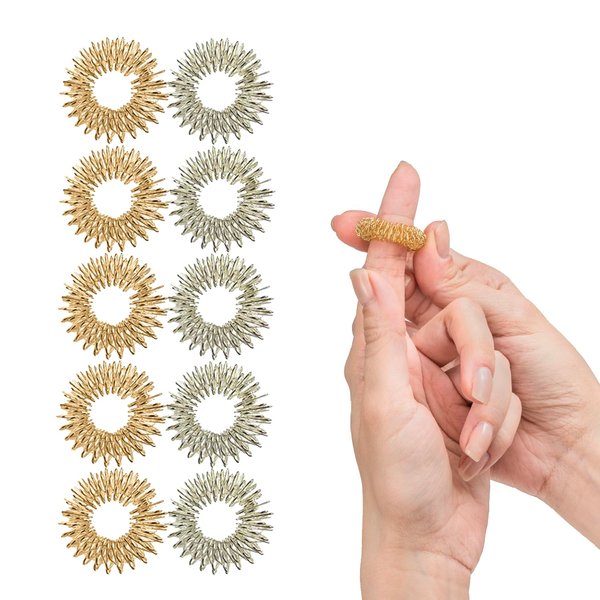 Impresa - 10 Pack Spiky Sensory Finger Rings - Acupressure Fidget Toys for Kids and Adults with Attention Disorders, OCD, and Anxiety - 2 Colors (Silver and Gold)