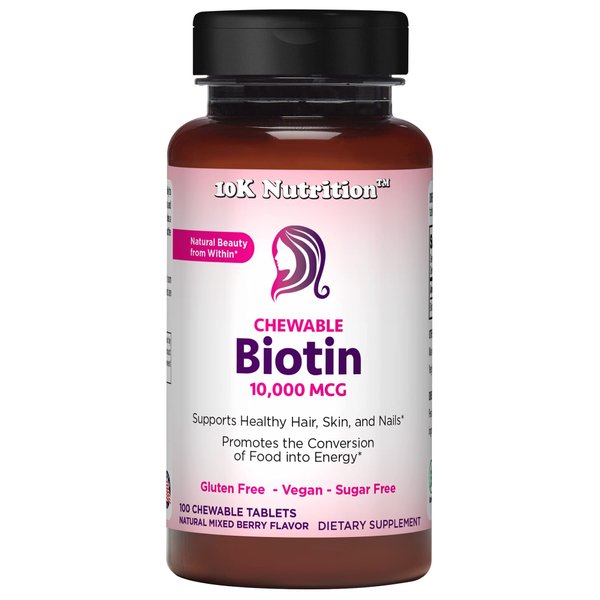 10K Nutrition | Vegan Chewable Biotin 10,000mcg | Natural Mixed Berry Flavor | 100 Chewable Tablets | Supports Healthy Hair, Skin & Nails | Non-GMO | Gluten Free | Sugar Free |