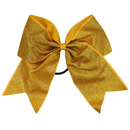 Glitter Cheer Bows - Cheerleading Softball Gifts for Girls and Women Team Bow with Ponytail Holder Complete your Cheerleader Outfit Uniform Strong Hair Ties Bands Elastics by Kenz Laurenz (1) (Gold)