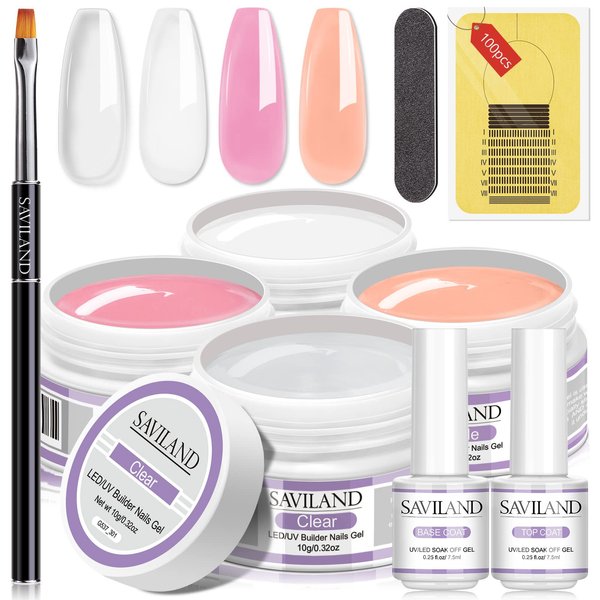 Saviland Builder Nail Gel Kit - 4 Colors Clear Nudes White Pink Hard Gel for Nail Strengthen Nail Extension Gel Kit with 100PCS Nail Forms and Acrylic Nail Brush for Beginners & Professionals