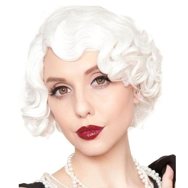 Salaibs Short White Curly Lace Front Wig Finger Wave Wig for Women Synthetic 1920s Halloween Cosplay Costume Party with Wig Cap