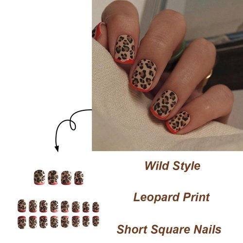 Square Press on Nails Short French Tips Fake Nails Acrylic Dark Brown with Leopard Print Design Matte Glue on Nails Short Square False Nails Artificial Full Cover Stick on Nails for Women 24PCS