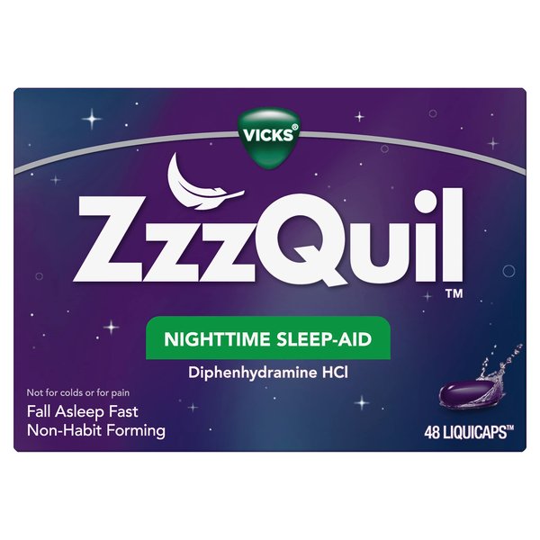 ZzzQuil, Nighttime Sleep Aid LiquiCaps, 25 mg Diphenhydramine HCl, No.1 Sleep-Aid Brand, Non-Habit Forming, Fall Asleep Fast, 48 Count